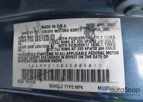 2004 Mitsubishi Endeavor Ls z USA, uszkodzony, nr VIN 4A4MM21S04E009011